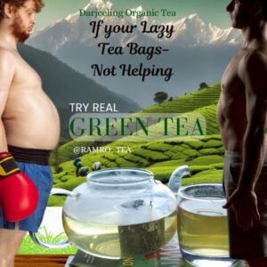 Image of a steaming cup of green tea on a wooden table, surrounded by fresh green tea leaves. In the background, lush green tea hills are visible, with a visual contrast of a fat man and a slim fit man standing side by side, symbolizing the weight loss benefits of green tea.